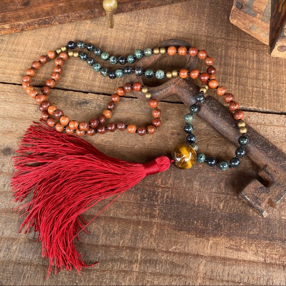 โจGREEN JASPER/ROSEWOOD/TIGER EYE MALA NECKLACE - Picture 1 of 16